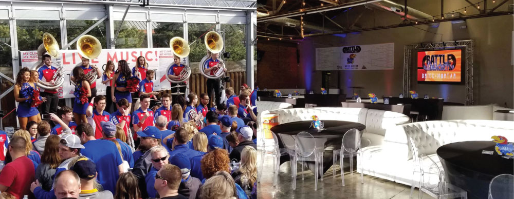 A split image of the KU Pep Band performing, next to a photo of the interior of Brick and Mortar.