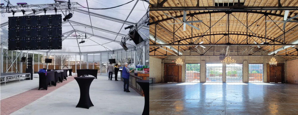 Split image of the outdoor patio space and indoor space at Brick & Mortar.